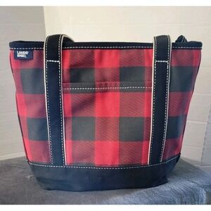 Lands' End Buffalo Plaid Canvas Red Black Tote Bag Red Holiday Carryall